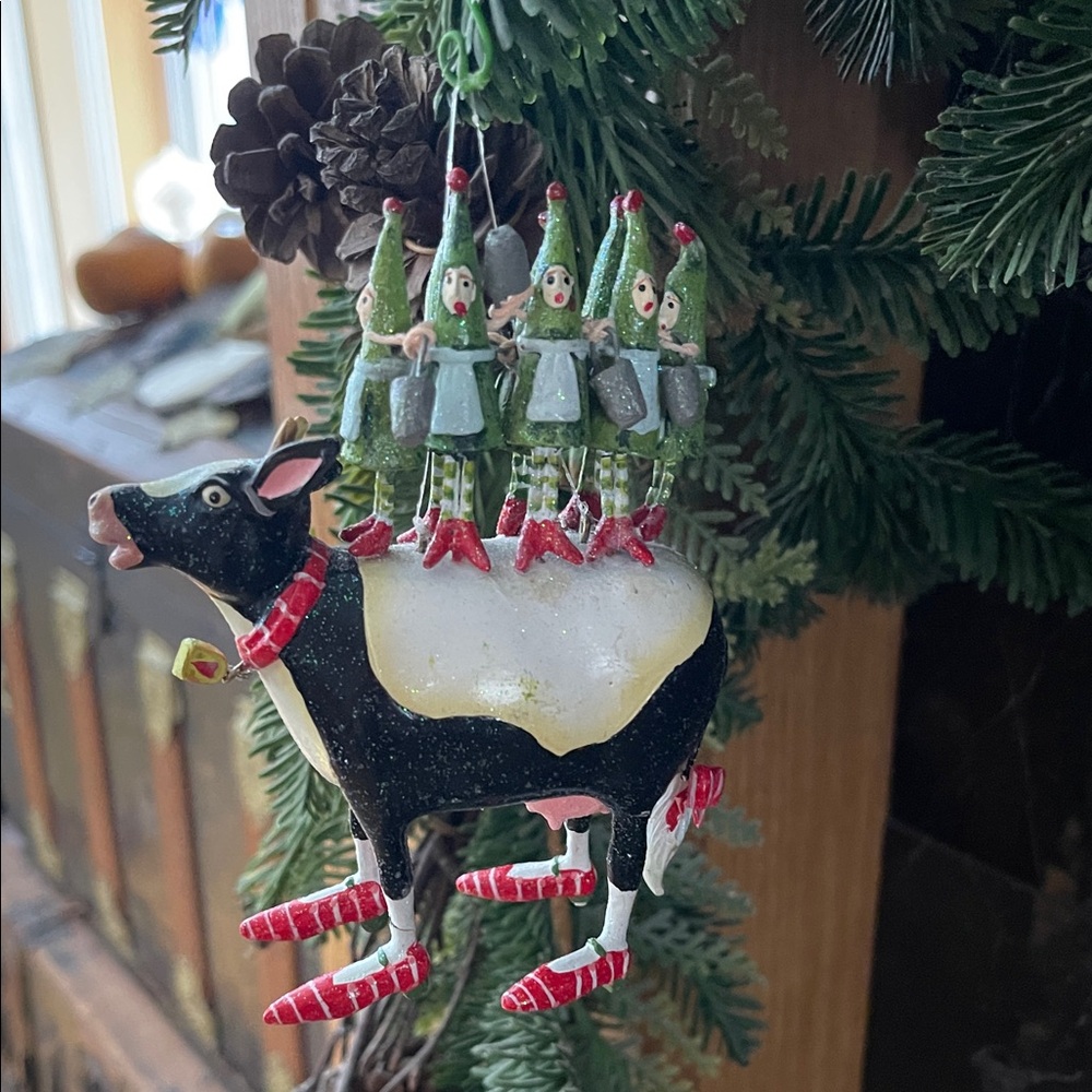 Department 56 Cow and Elves Ornament with Red and Green Accents